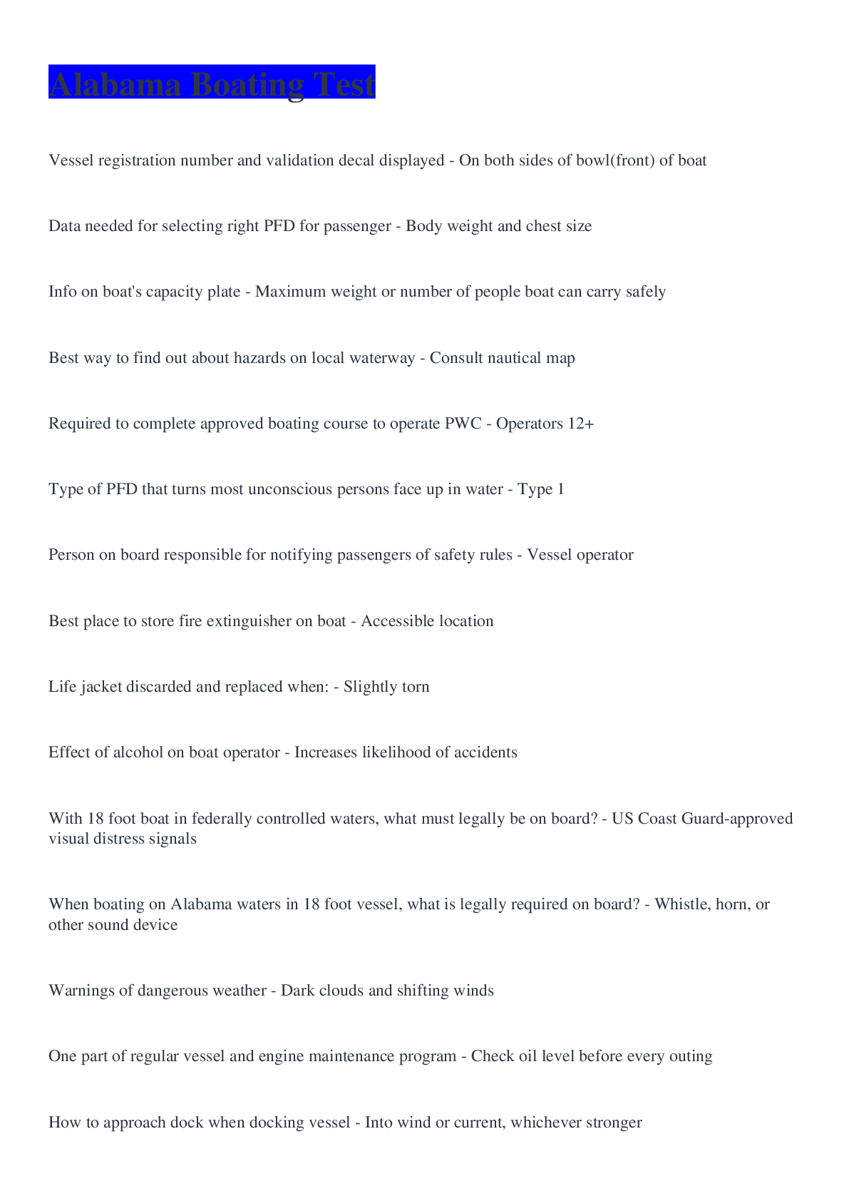 Alabama Boating Test QUESTIONS WELL ANSWERED Browsegrades